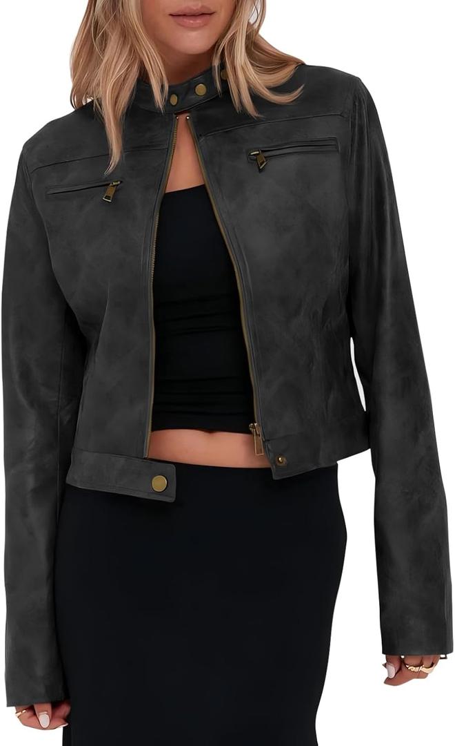 Onedreamer Women's Faux Leather Cropped jackets Casual Vintage Zip Up Stand Collar Motorcycle Short Coat Jacket (Large, Dark Grey)