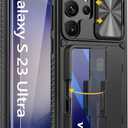 Vihibii for Samsung Galaxy S23 Ultra Case with Card Holder (4 Cards), Built-in 2X Tempered Glass Screen Protector & Slide Camera Cover & Kickstand, Rugged & Shockproof Phone Case for S23 Ultra, Black