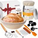 Complete Sourdough Starter Kit, Kikcoin 26PCS Banneton Bread Proofing Basket Set Includes 35oz Sourdough Starter Jar, Sourdough Bread Baking Supplies with Bread Lame, Danish Whisk, Dough Scraper (10" Round Basket & Sourdough Jar)
