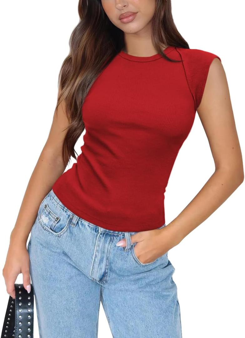 MIYIEONZ Women's Ribbed Tank Tops Trendy Casual Crew Neck Summer Club Cap Sleeve Slim Fitted Knit Basic Tee Shirts Blouse (Red, XL)