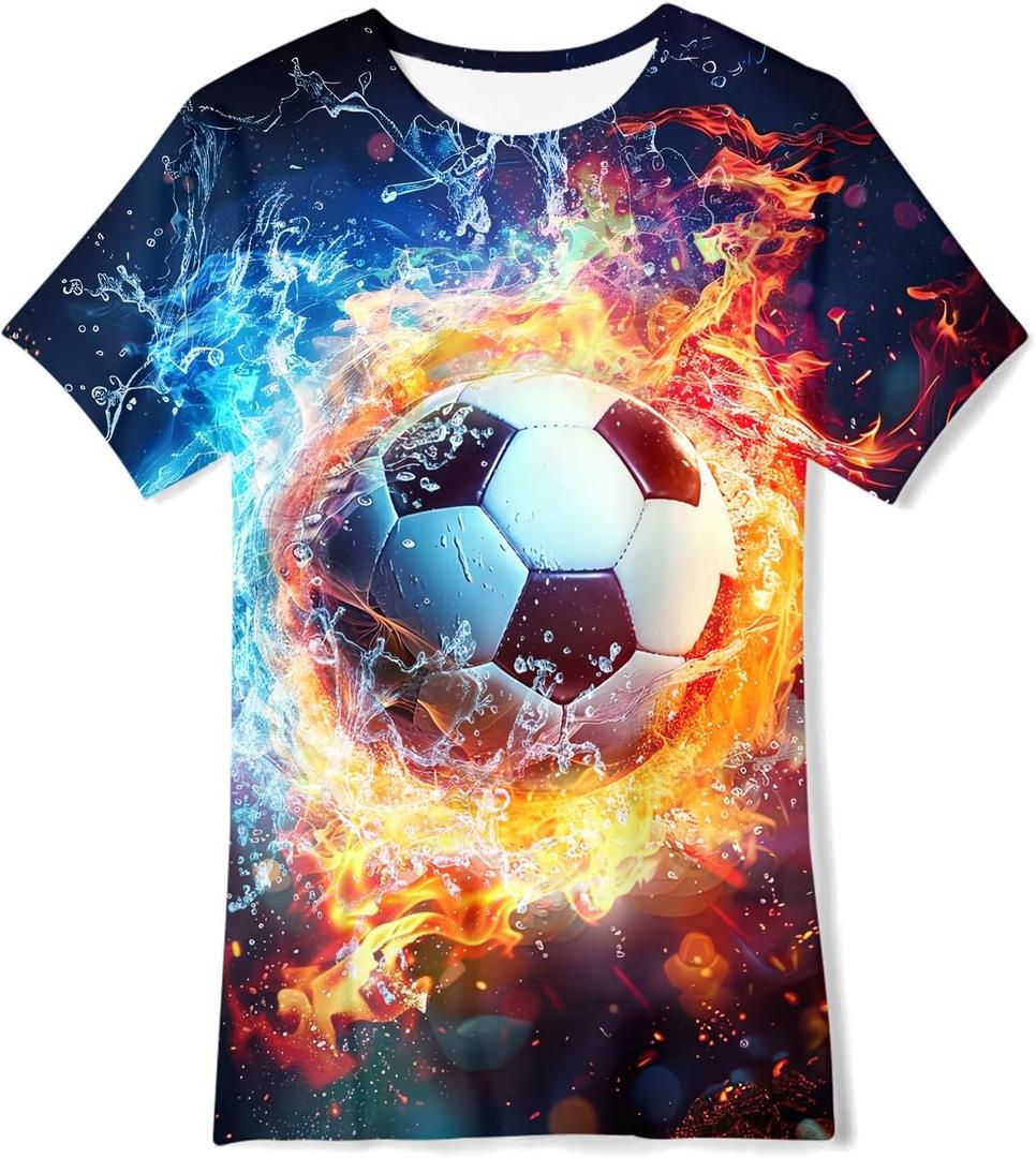 3D Graphic Short Sleeve Shirts Boys Girls Cool T-Shirt Unisex Novelty Tees for 7-12 Years Teens (13-14 Years, Fire Soccer)