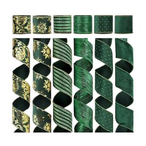 HUIHUANG Christmas Ribbon Wired Green Velvet Christmas Tree Ribbon Green and Gold Wired Ribbons for X-mas Tree, Wreath, Garland, Bows, Home Decor (2-1/2" X 6 Rolls, 36 Yds Total)