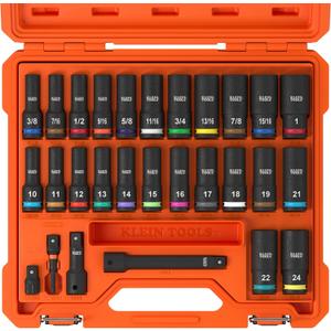 Klein Tools 65123HD KNECT Deep-Well Impact Socket Set, 1/2-Inch Drive, SAE and Metric, 28-Piece Tool Set, 1/4-Inch Impact Driver, Wrench Extensions, Color-Coded, Removable Socket Organizer