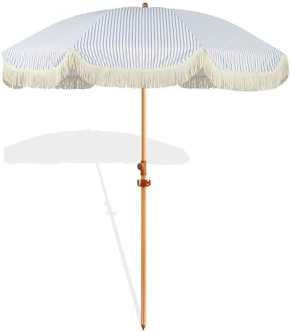 Seazul 6.5ft Patio Umbrella with Fringe, Beach Umbrella, Fringe Umbrella Outdoor Patio with Hanging Hook, Tilting Aluminum Pole, UV 50+, Fiberglass Ribs, Blue White Stripe
