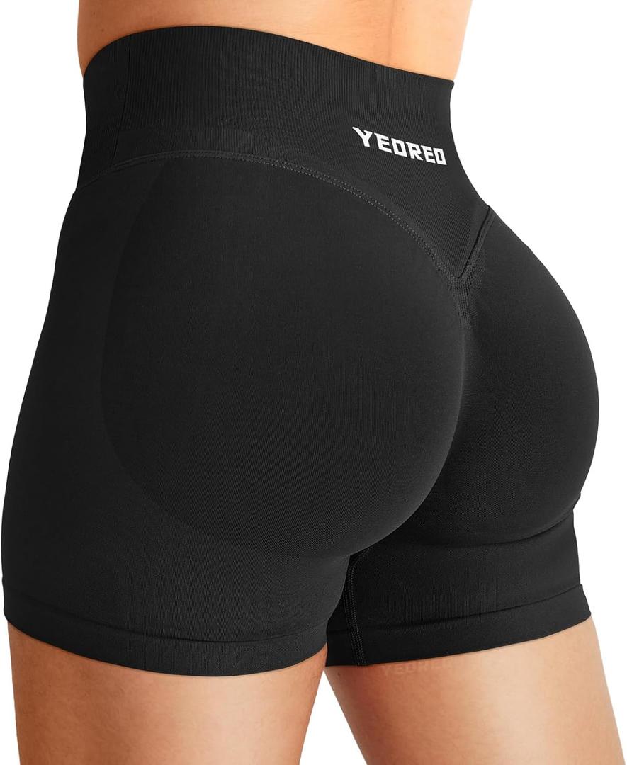 YEOREO Women Workout Gym Shorts Butt Lifting Invisible Scrunch 4.5" Crossover Mid Rise Waistband Seamless Booty Biker Shorts (X-Small, Black)