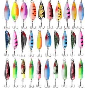 Shaddock Fishing Spoons Metal Lures, 30pcs Colorful Casting Fishing Spinner Baits Trout Trolling Spoon Fishing Lures Sharp Treble Hooks Tackle Kit