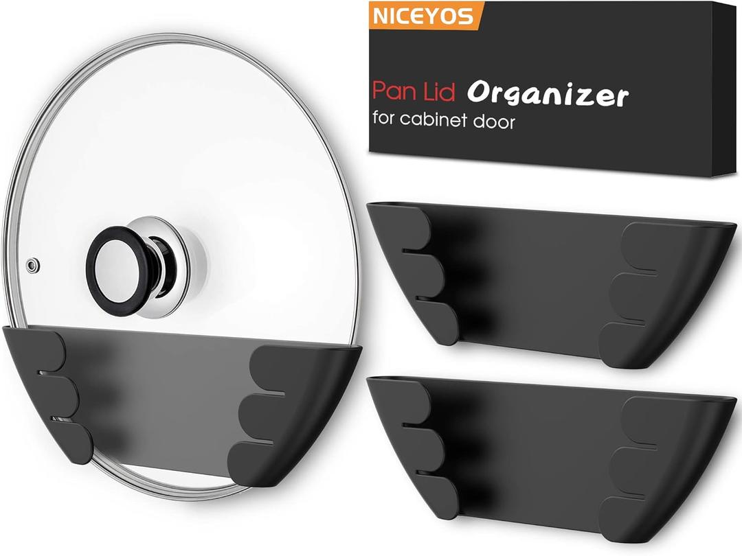 Universal Pot Lid Organizer for Cabinet - Upgraded Patented Niceyos 3 Pack Inside Cabinet Door Wall Mount Pan Top Storage Organizer Rack Holder for Kitchen, Fits 6" to 13" (Black)