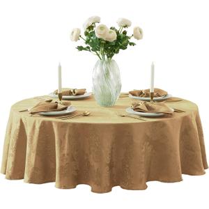 Newbridge Barcelona Damask Fabric Tablecloth, 70 Inch Round, Gold  No Iron, Soil Resistant Table Cover for Dining, Parties and Holidays