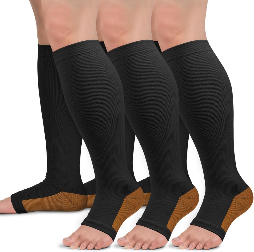 Sooverki Copper Compression Socks for Women & Men Open Toe 15-20mmHg is Best Support for Circulation Recovery All Day Wear (3X-Large, 01 Black)