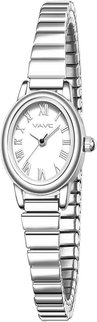 VAVC Small Silver Watches for Women, Analog Womens Watch with Stainless Steel Expansion Band, Oval Case Roman Dial, Water Resistant（5.91in-6.7in）