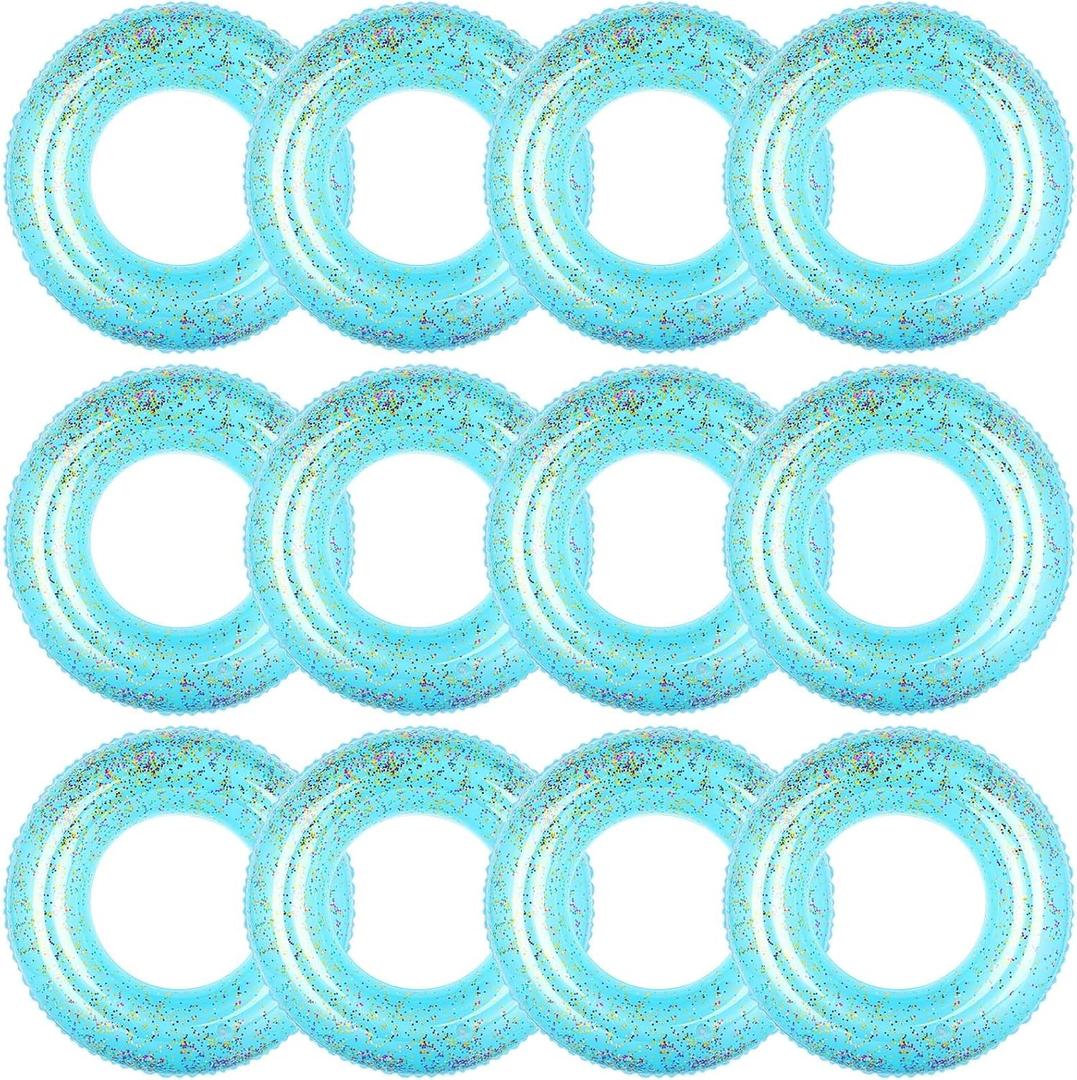 12 Pcs Summer Swim Rings with Glitter Fun Inflatable Pool Float Round Shaped Swimming Pool Tubes for Beach Party Supplies