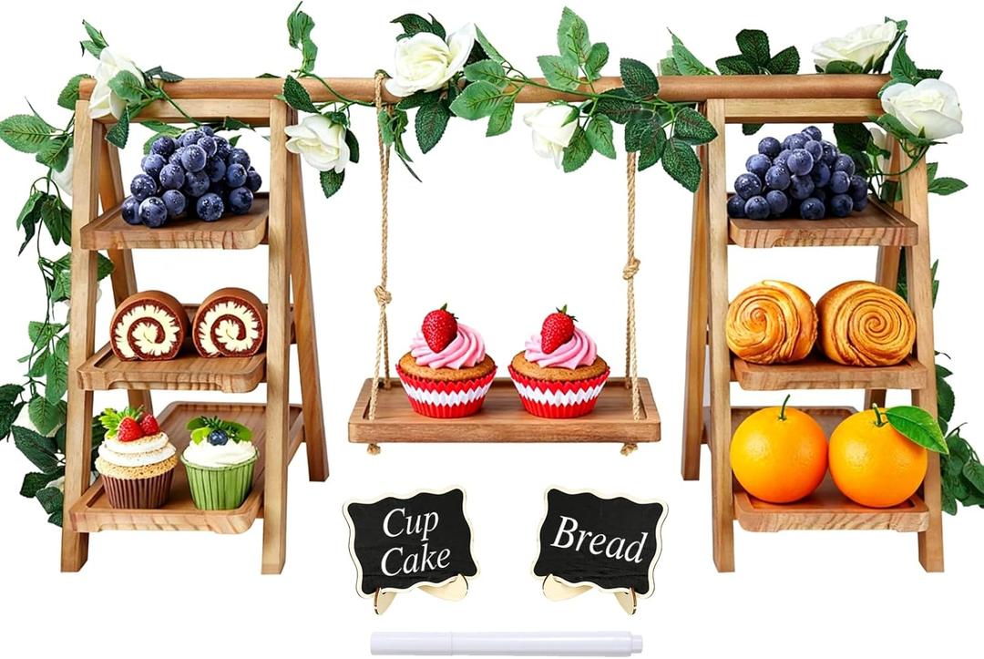 Wooden 3 Tier Cupcake Stand with Swing, Rustic Pine Wood Dessert Display Stand with Removable Trays, Foldable A-Frame Ladder Rack for Cake Fruit Snack, Perfect for Wedding Party Birthday