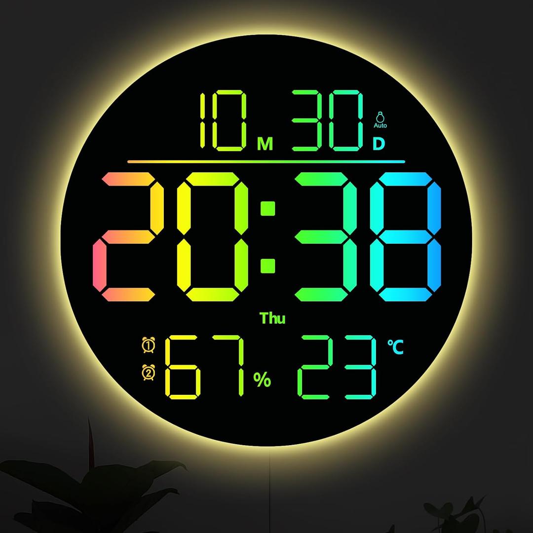 10" RGB Color Large Digital Wall Clock LED Display with Remote Control, Auto Dimmer, DST, Temp, Humidity, Auto on/off - Light, Plug-in Digital Alarm Clocks for Bedrooms, Living Room, Classroom