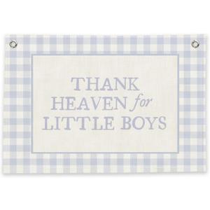 RTXLEZM Baby Boy Nursery Decor, Boys Room Decor,Nursery Thank Heaven for Little Boys Large Canvas Banner Flag Print,Blue Gingham Wall Art Hanging for Toddler Playroom Bedroom Kids room36x24