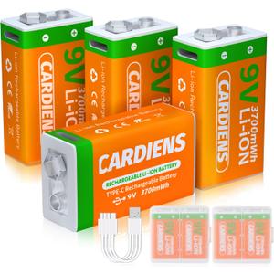 Rechargeable 9v Batteries USB 9 Volt Battery for Smoke Alarms 3700 mWh 9v Lithium Battery with 4-in-1 USB-C Charging Cable and LED Charge Indicator, 4-Pack