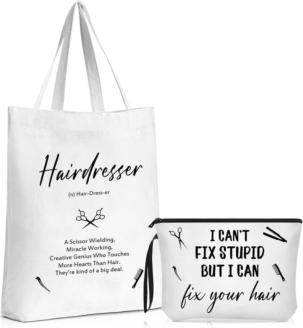 Coume 2 Pcs Hairdresser Gifts for Women Hair Stylist Tote Bag Makeup Bag Hairstylist Cosmetic Pouch Hairdresser Inspirational Canvas Pouch Funny Gift