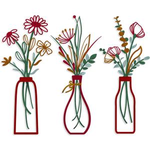 3 Pieces Metal Vase Flowers Wall Arts - Rustic Farmhouse Style Dcor Metal Wall Art Black Minimalist Flower Natural Themed Wall Decors for Home Bedroom Dining Room Housewarming (Red, Vase-C)