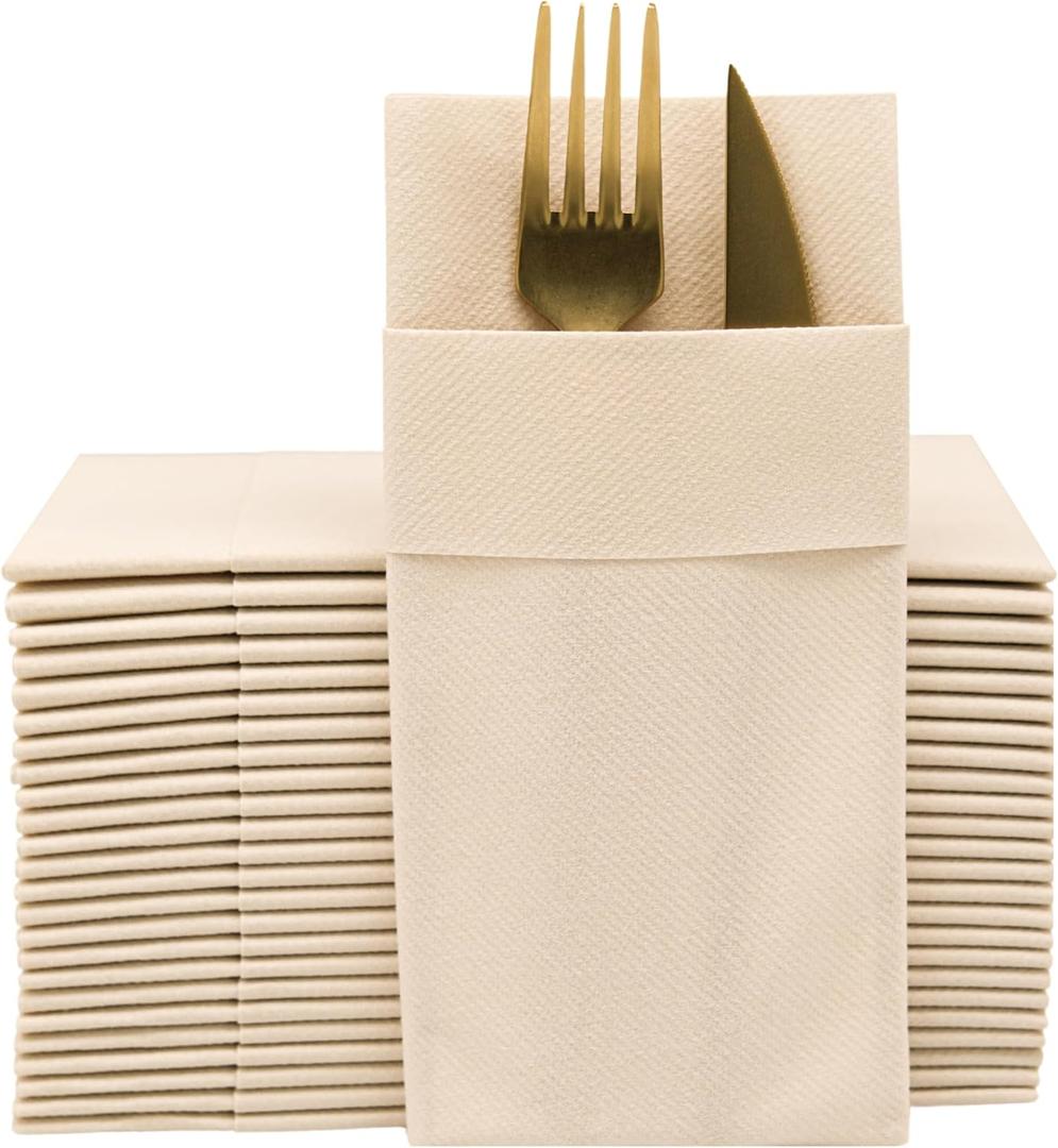 Beige Dinner Napkins Cloth Like with Built-in Flatware Pocket, Linen-Feel Absorbent Disposable Paper Hand Napkins for Kitchen, Bathroom, Parties, Weddings, Dinners or Events, 16x16 inches, Pack of 50, Beige