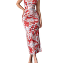 Milumia Women's Ruched Floral Sleeveless Bodycon Midi Dress Mock Neck Slit Thigh Dresses, Size Medium