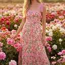Opemiby Womens Maxi Dress Spring Summer Sleeveless Lace Strap Empire Waist A Line Side Pockets Beach Casual Long Dresses (Pink, M)