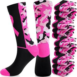 Hoosige 12 Pairs Breast Cancer Awareness Crew Socks Bulk Pink Ribbon Accessories Athletic Volleyball Soccer Socks for Youth(Camo Style) L/XL
