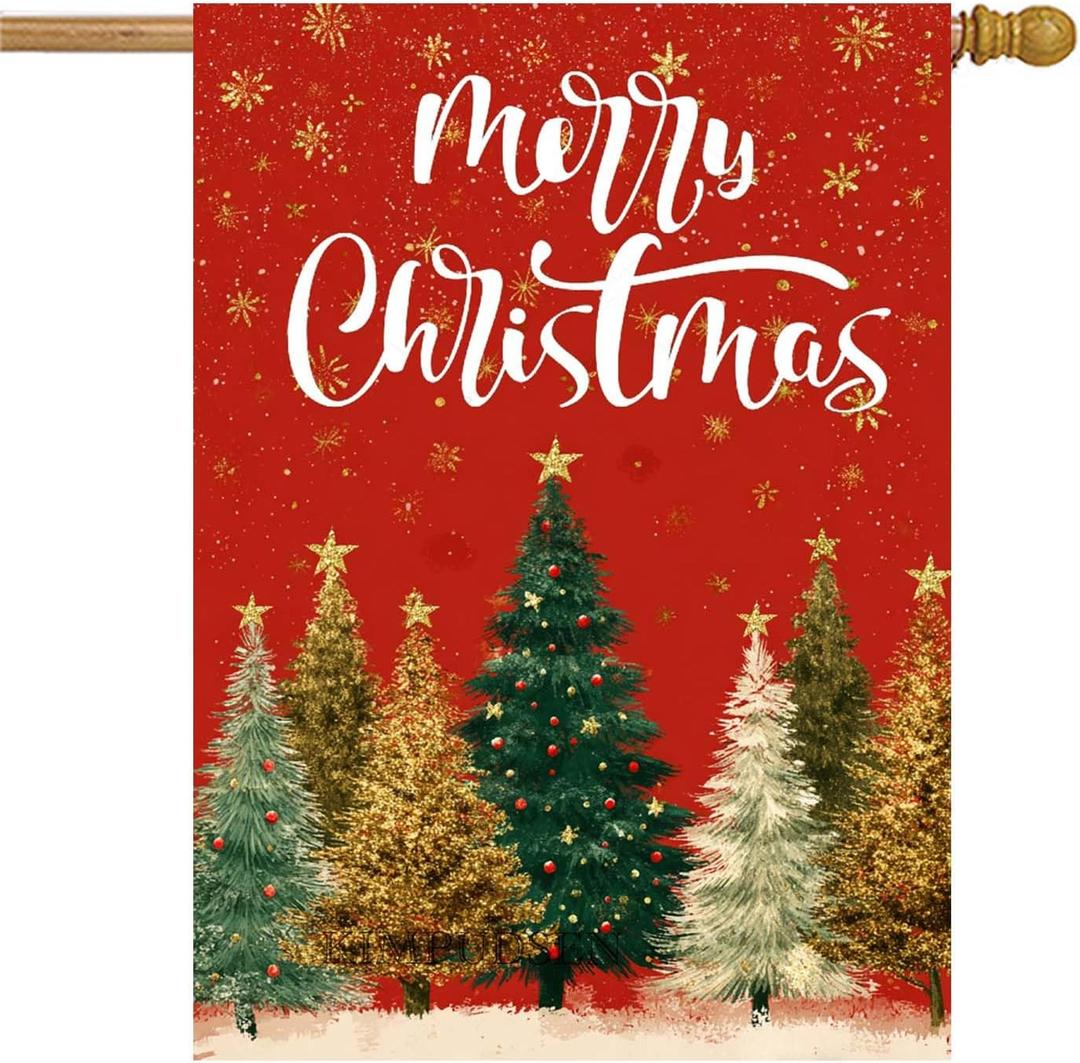 Christmas Trees House Flag 28x40 Double Sided Merry Christmas Garden Flags for Outside, Welcome New Year Winter Yard Outdoor Flag Holiday Decorations