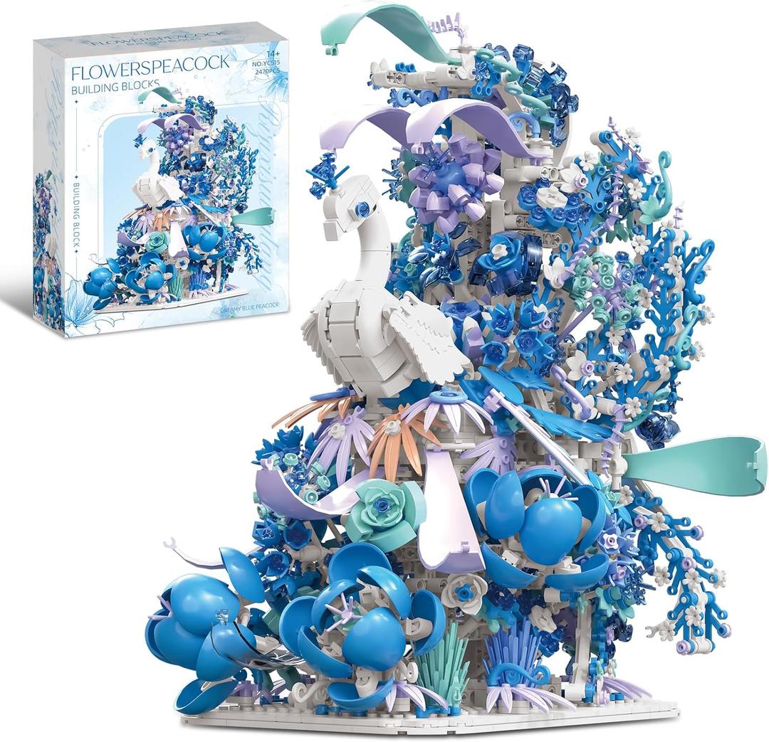 Blue Flowers Peacock Building Set for Adults - Creative Animal Botanicals Peacock Bird Toy Home Office Art Deocr, Compatible with Lego, for Women Mom (2470 PCS)