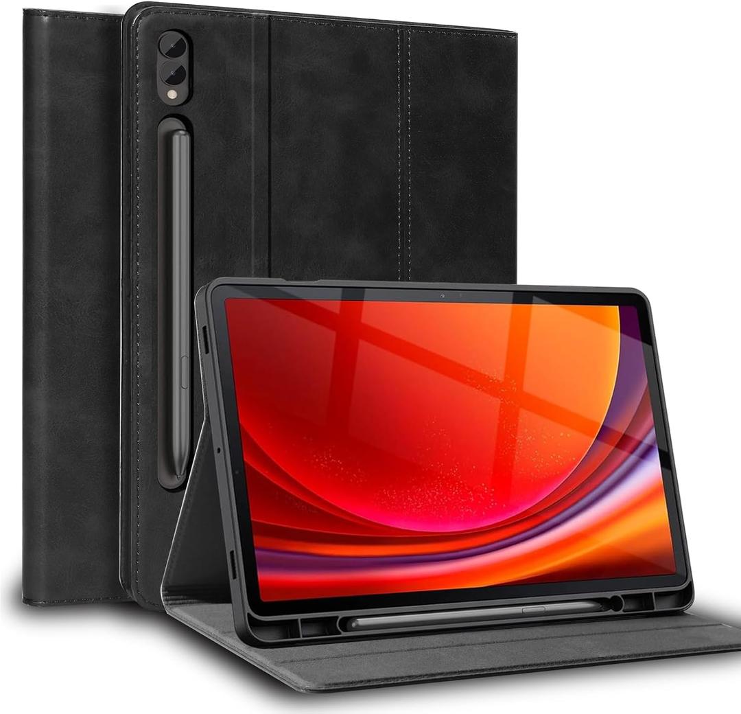 for Samsung Galaxy Tab S8/S7 Plus/S7 FE+ 12.4 inch Case with S Pen Holder 2020/2021/2022 Model(SM-X800/X806/T730/T736/T970/T975) Genuine Leather Cover Protective Shell,Auto Wake/Sleep.Black