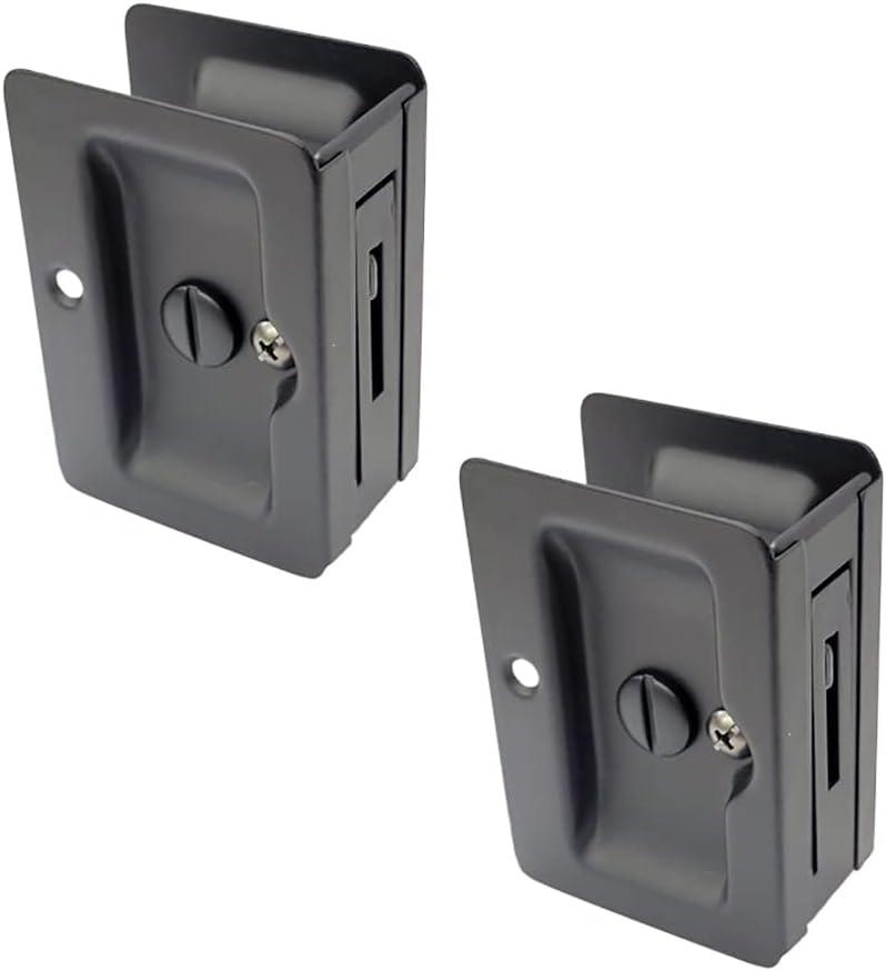 QCAA Premium Quality Solid Brass Rectangular Pocket Sliding Door Pull, Privacy Lock, 3-1/4''X2-1/4'', Matte Black, 2 Pack