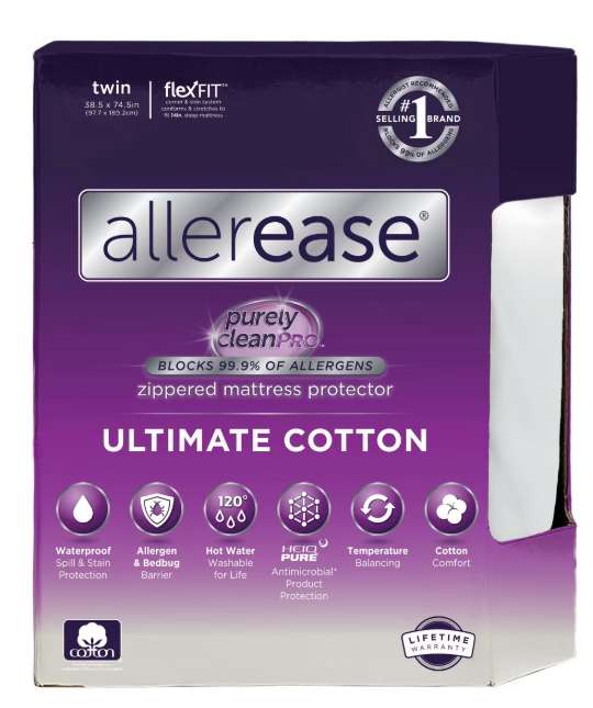 AllerEase Ultimate Cotton Top Mattress Cover Protector, Queen - Zippered, Waterproof