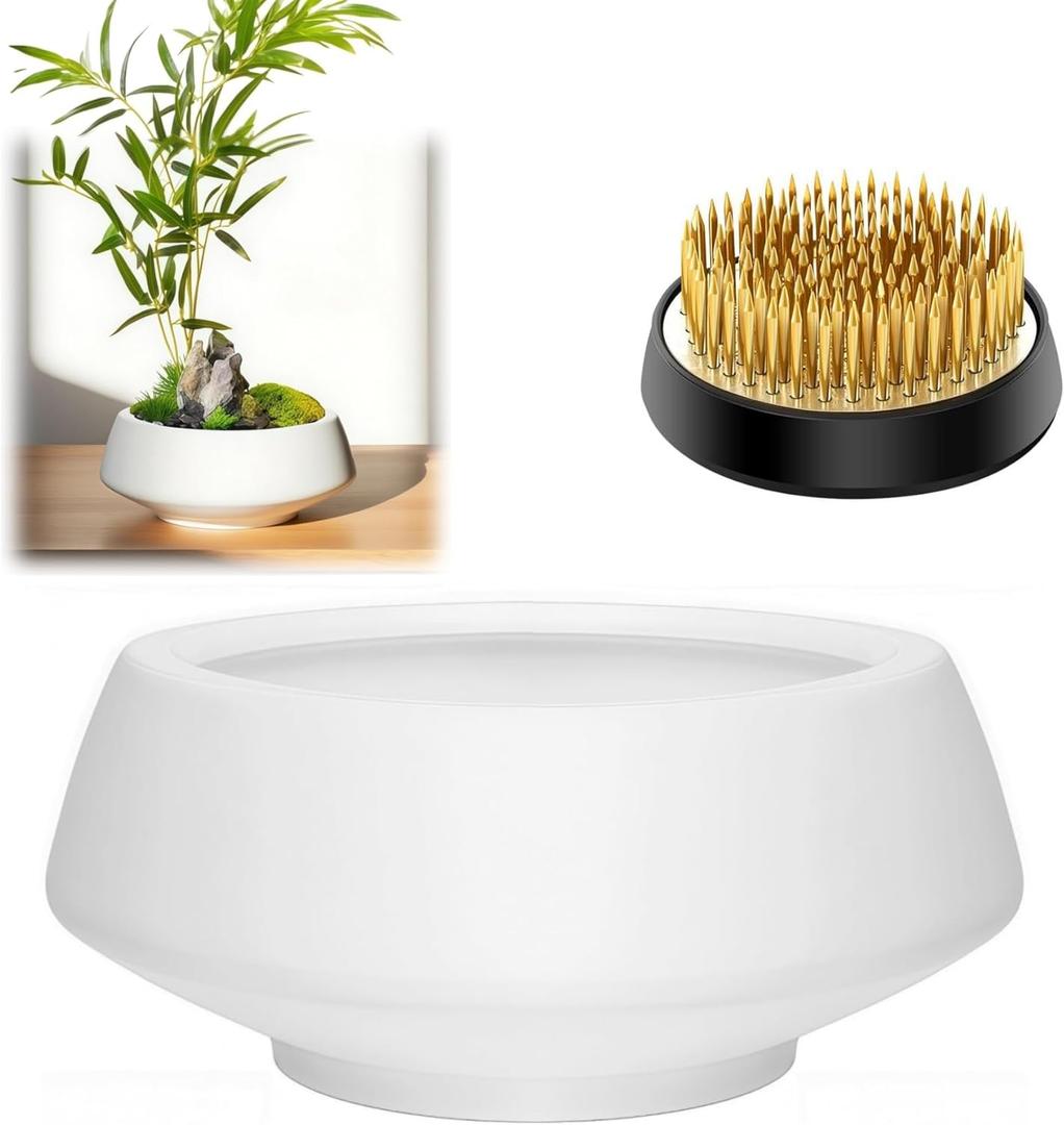 Ceramic Japanese Ikebana Vase Set with 2 inch Flower Frog Handmade Flower Pot Flower Arrangement Floral Art Supplies Flower Bowl Decorative Flower Vase (Small White)