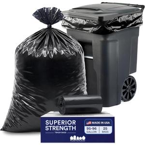 Plasticplace 95-96 Gallon Garbage Can Liners Heavy Duty 1.5 Mil Black Trash Bags Tear-Resistant Outdoor Garbage Bags for Rollaway Bins Large 61" x 68" Industrial-Strength Waste Bags (25 Count)