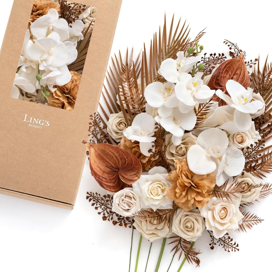 Ling's moment Fake Flowers Box, Faux Artificial Greenery Stems Foam Roses Anthurium Silk Orchid Hibiscus Fabic Flower for Centerpieces Bouquet Wedding Vase Decorations, White & Brown, Deluxe Combo