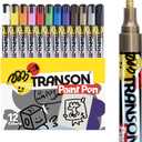 TRANSON 12 Colors Permanent Fabric Markers Oil Based Waterproof for Rocks Crafts Diy Painting Medium Tip