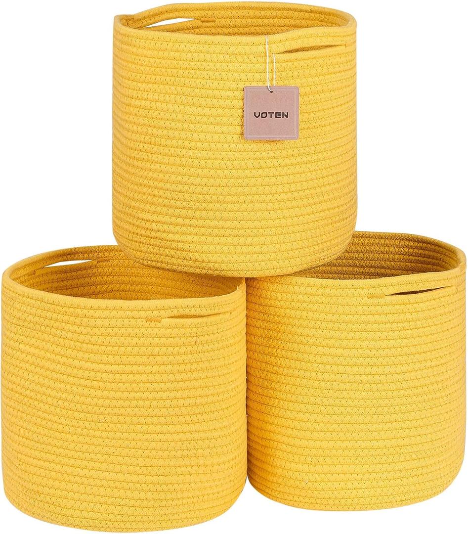 voten Round Storage Cubes Baskets Bins Organizer 11x11x11'' Fit 12x12'' Cube Storage Organizer Bookcases Shelf, Durable Woven Cotton Rope Basket, 3Pack Yellow (L11xW11xH10.7)