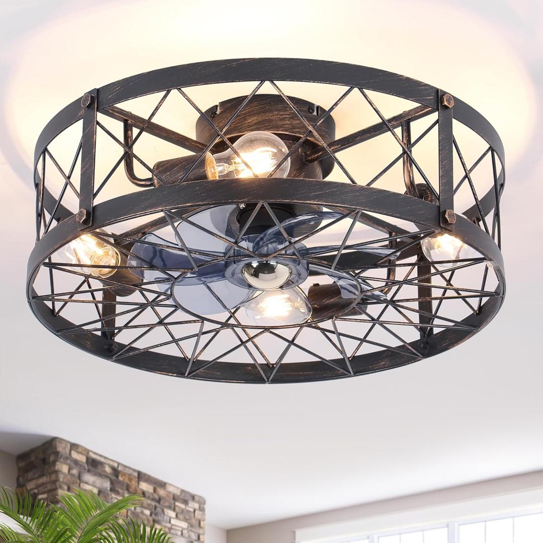 Flush Mount Caged Ceiling Fan with Lights, 20" Farmhouse Ceiling Fans with Remote, Bladeless Small Ceiling Fan 4-Speed Reversible Rustic Low Profile Ceiling Fans for Bedroom Dining Room Kitchen (Classical Black)