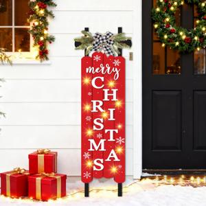 Lighted Wooden Welcome Sign for Front Door,Merry Christmas Snowflake Elk Porch Sign for Front Porch Decorations,Rustic Farmhouse Red Xmas Hanging Signs Wall Sign for Christmas Happy New Year Decor