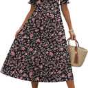 Zeagoo Womens Summer Dress Casual Midi Dresses 2026 Short Puff Sleeve Flare Dress Pleated Flowy Sundress with Pockets (X-Large, Black Floral 02)