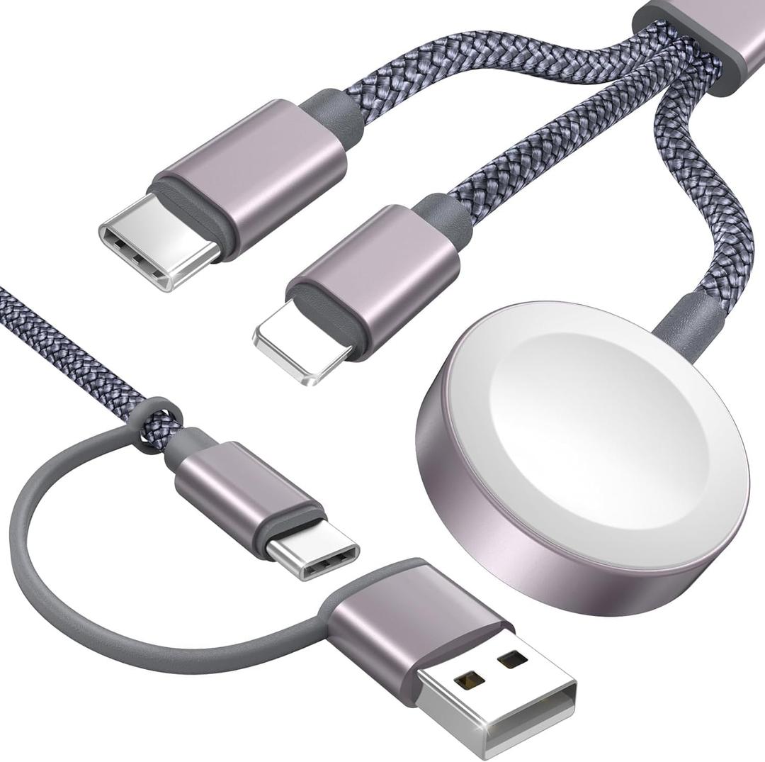 Travel Essentials 3 in 2 USB C Cable for Apple Watch Charger iPhone Charger USB C Multi Fast Charging Cable Compatible with iWatch Ultra/SE/10/9/8/7/6/5/4/3/2/1 & iPhone 16/15/14/Galaxy S23-4FT (Grey)