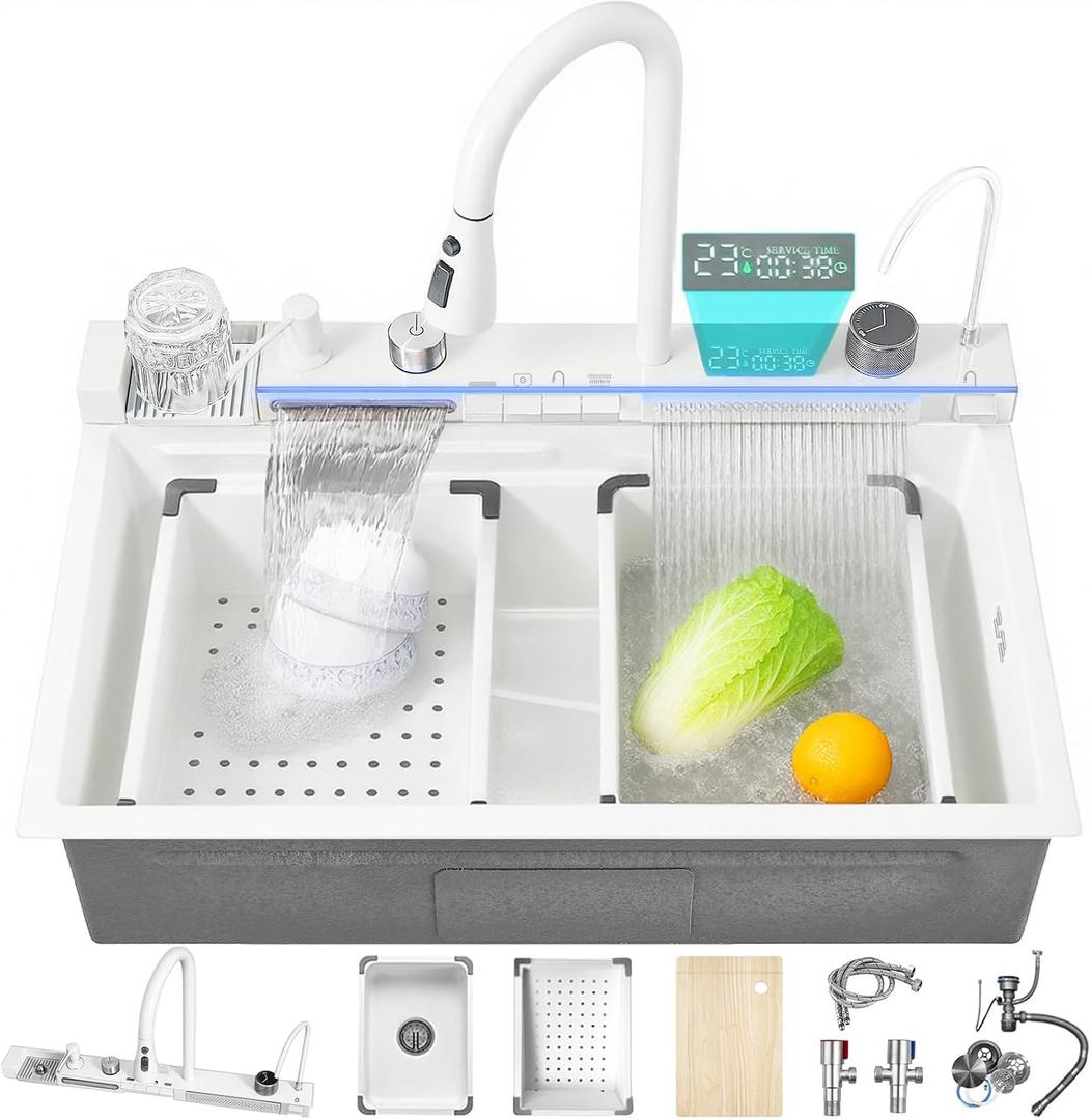 26.8 inch White Smart Digital Display Waterfall Sink, 304 Stainless Steel Modern Kitchen Sink with 5 Water Outlet Modes, Waterfall Pull-Out Faucet, Cup Washers and Accessory Set, 26.8" x 18"