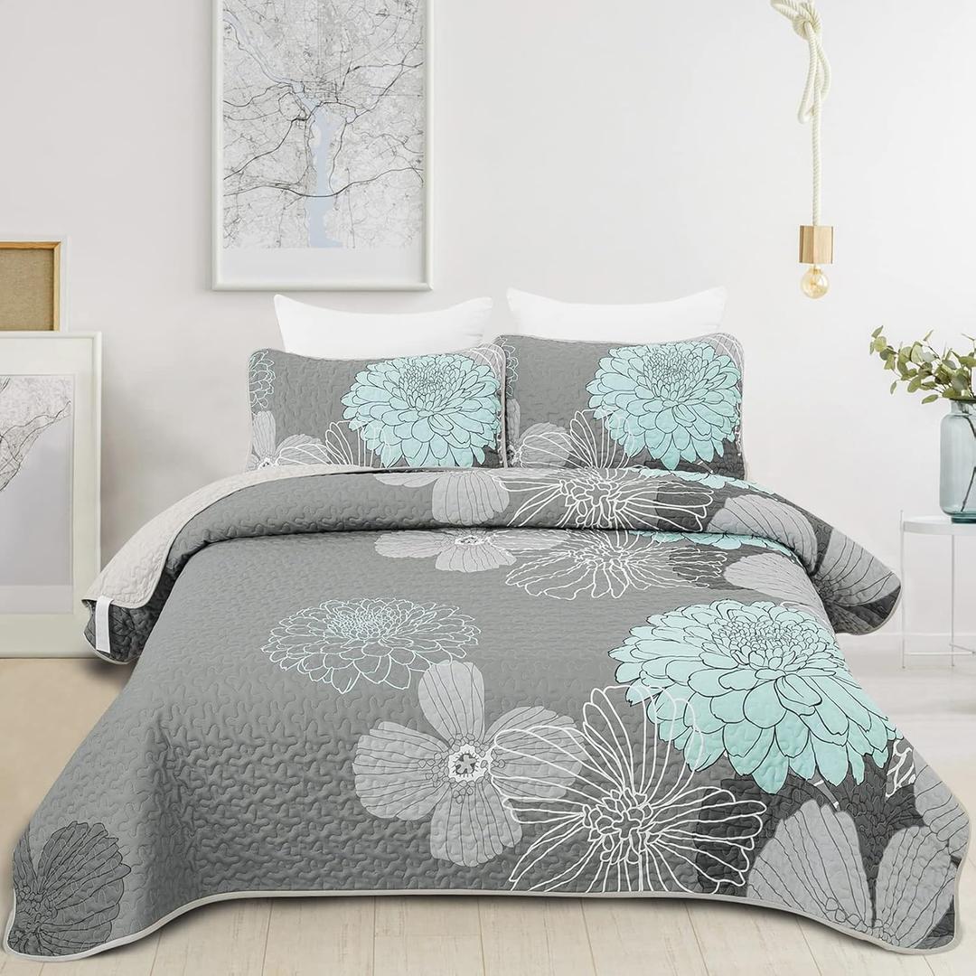 Anibedding Green Floral Queen Size Quilt Set - 3 Pieces Boho Flower Quilt Coverlet Elegant Bohemian Bedspread with 2 Pillowcases Soft Lightweight Bedding Quilts for Adults (Green,96"x90") (Gray)