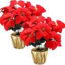 2 Sets 18.5" Christmas Poinsettia Artificial Flowers Potted with Gold Pot Bags Desktop Plants for Home Garden Table Centerpiece Window Gift Holiday Xmas Decor