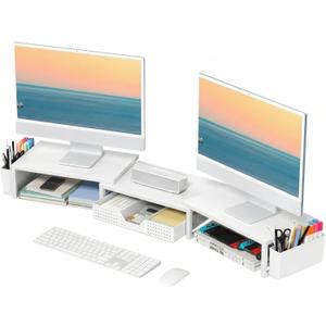 OPNICE Desk Organizers and Accessories, Dual Monitor Stand Riser with Drawer and 2 Pen Holders, Desk Shelf Metal Computer Racks for Office Workspace Organizers, Desktop Organization (White Metal)