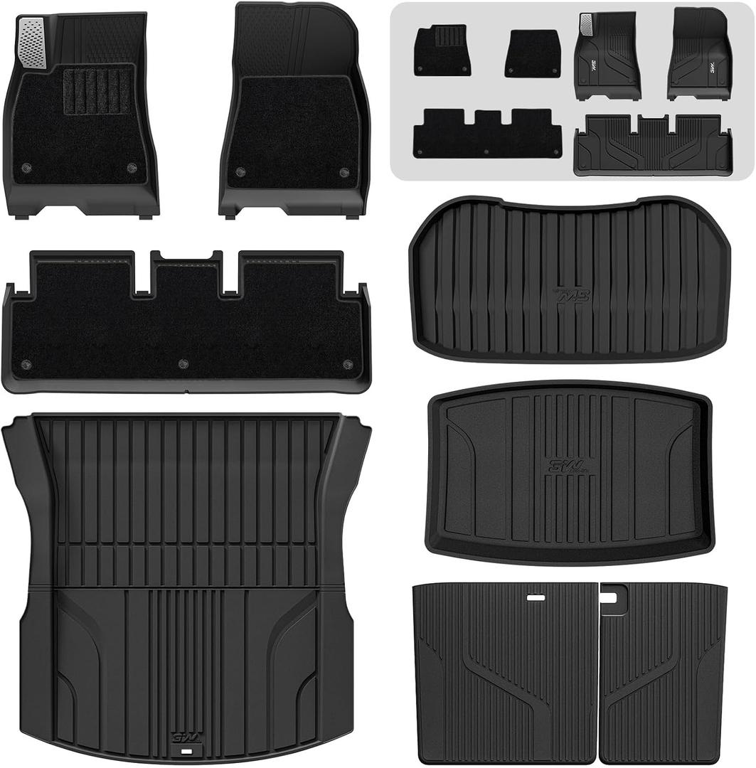 3W Tesla Model 3 2024 2025 2026 Floor Mats, Full Set with Metal Pedal & Carpets, Cargo Liner, Highland All Weather, Custom Fit Rear Trunk Mat, Black, Model 3 Accessories