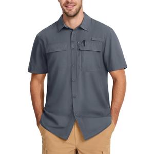 MAGCOMSEN Men's Fishing Shirts UPF 50+ Short Sleeve Sun Protection Shirts Quick Dry Cooling Button Down Shirt Hiking Safari (Large, Dark Grey)
