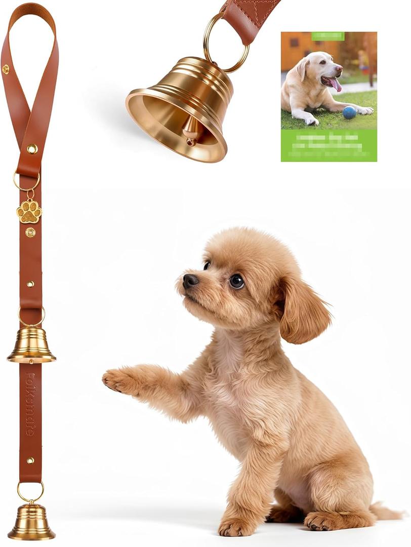 FOLKSMATE Leather Dog Door Bells for Potty Training, Big Brass Puppy Dog Door Bells Extra Loud for Dogs Training, Housebreaking, Door Knob, Dog Bell to Ring to Go Outside Puppy Pet Supplies Leather,, One Dog Bell, Brown/Leather