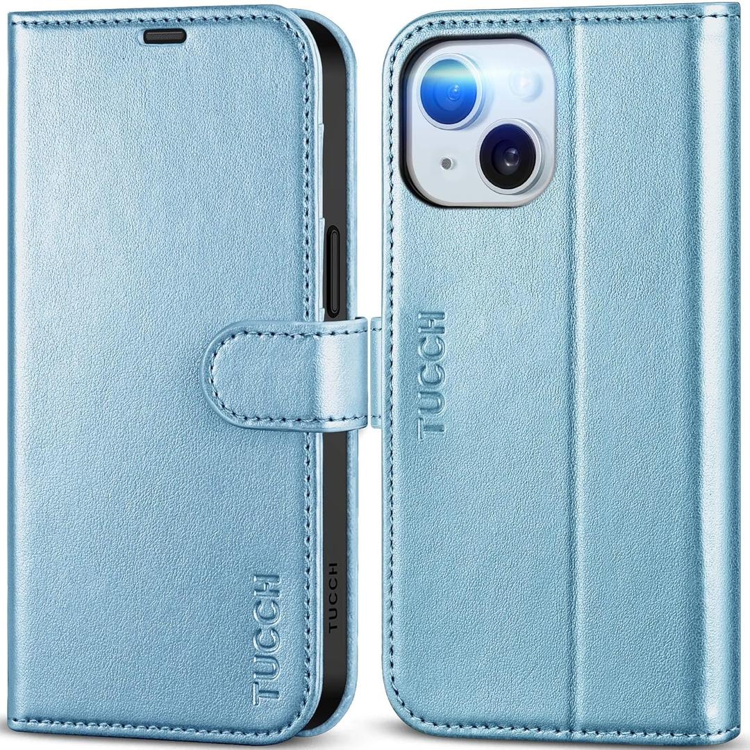 TUCCH Case Wallet for iPhone 15, [RFID Blocking] 4 Card Holder Stand [Shockproof TPU Interior Case] PU Leather Magnetic Protective Flip Cover Compatible with iPhone 15 5G 6.1", Shiny Light Blue