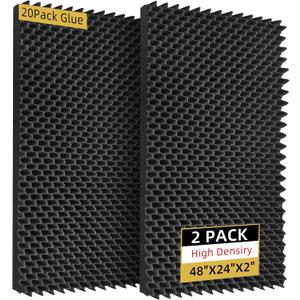 2 Pack Sound Proof Foam Panels | 48"×24"×2" Egg Crate Foam Pad | High Density Soundproof Wall Panels for Home Studio Noise & Thermal Insulation |With Adhesive Stickers 20PCS(Black)