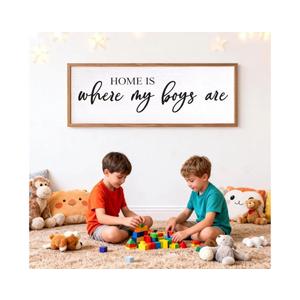 Home Is Where My Boys Are Wall Art: 32 x 12 Inch Rustic Horizontal Framed Sign, Mom of Boys Decor, Boy Room Wall Decor, Wood