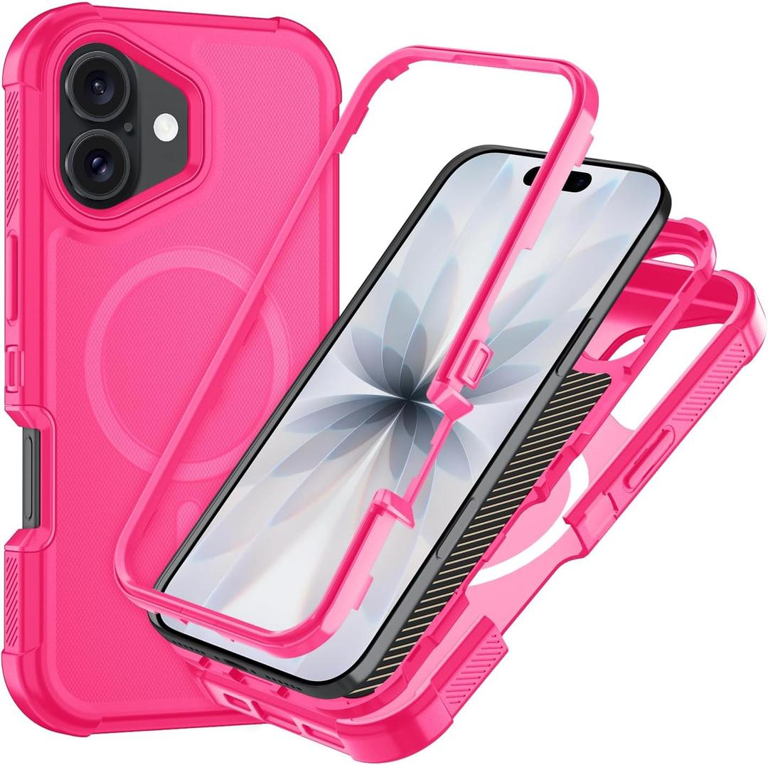 SunStory Magnetic for iPhone 17 Case, Compatible with MagSafe, 3-Layer Heavy Duty Full-Body Cover, Military-Grade Drop Protection, 3 in 1 Hybrid Protective Case for iPhone 17 6.3",Hot Pink